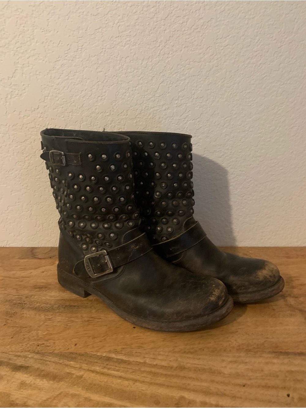 Frye Black Studded Leather Mid-Calf Buckle Boots